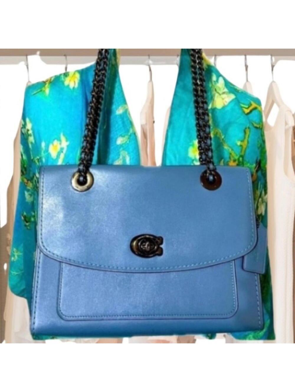 Coach Parker Blue Leather Convertible Chain Flap Shoulder Bag